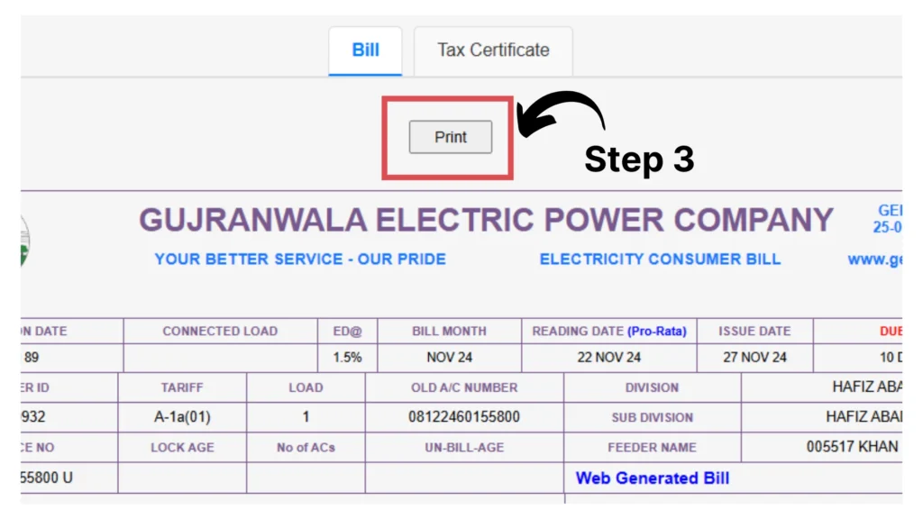 Print GEPCO Bill