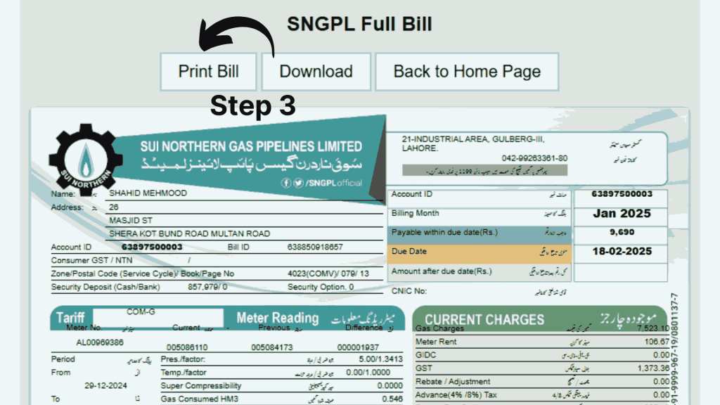 Print SNGPL Online Bill